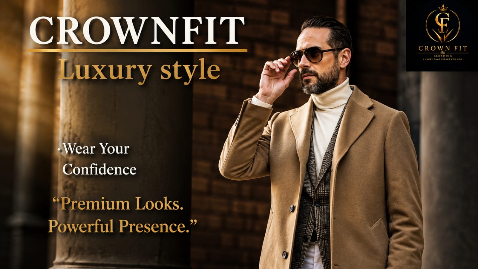 CrownFit luxury clothing advertisement featuring a stylish man in a beige overcoat and sunglasses, promoting premium fashion with the tagline “Premium Looks. Powerful Presence.”