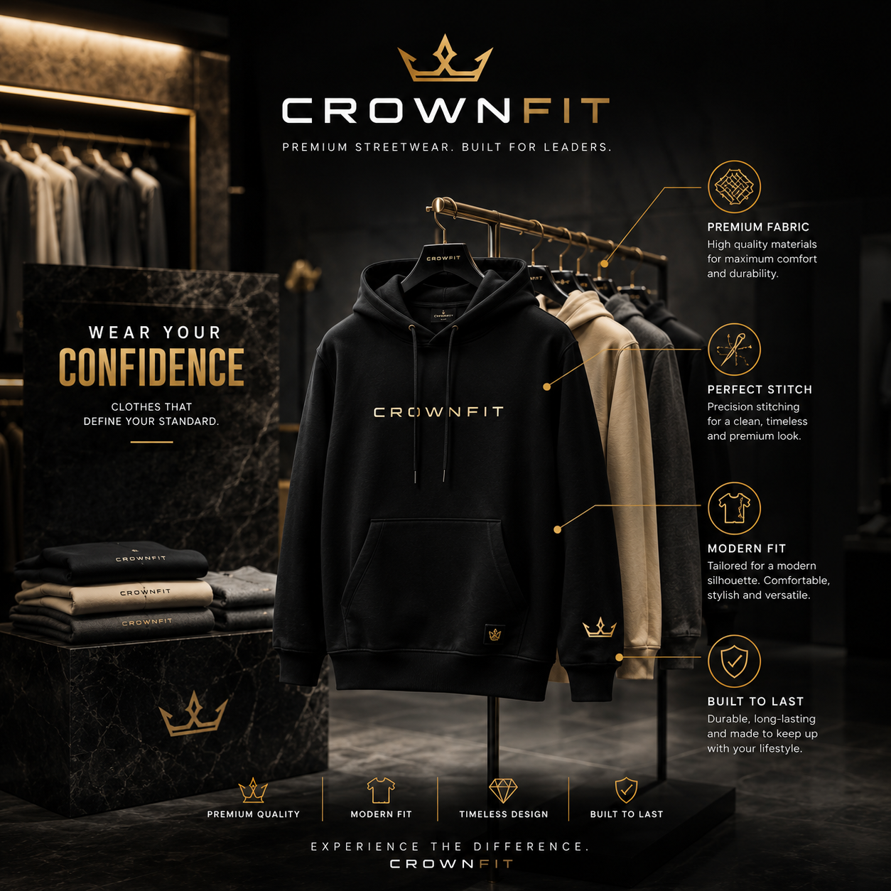 "Luxury CrownFit streetwear showroom featuring premium hoodies and apparel displayed in a modern boutique with product quality highlights, premium fabric, modern fit, durable stitching, and elegant black and gold branding."